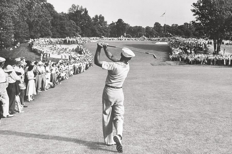 Black and White Photo of Ben Hogan Swinging a Golf Club